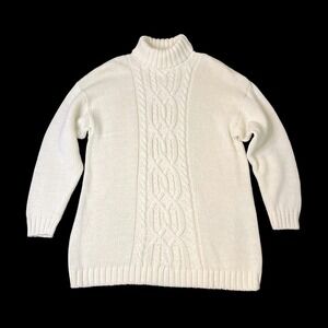 Vintage Class 955 Cream Cable Knit Sweater Women Large Turtleneck Ramie Cotton